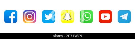 Icone dei social media: Faceboock, Instagram, Twitter, Snapchat, Viber, Telegram, YouTube Illustrazione Vettoriale