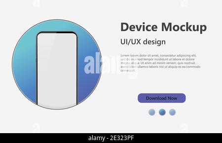 Schermo vuoto dello smartphone, mockup del telefono con cerchio blu. Modello del dispositivo. Modello moderno per l'interfaccia di progettazione dell'interfaccia utente UX per infografiche o presentazioni. Vettore Illustrazione Vettoriale