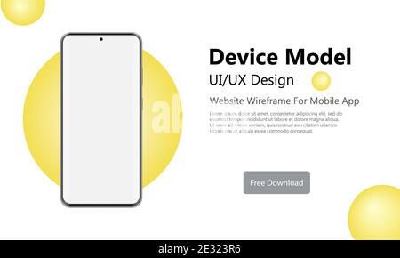 Schermo vuoto dello smartphone, mockup del telefono con cerchio giallo alla moda. Modello del dispositivo. Modello moderno per l'interfaccia di progettazione dell'interfaccia utente di presentazione. Vettore Illustrazione Vettoriale