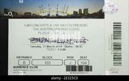 Biglietto d'ingresso per il concerto australiano dei Pink Floyd all'O2 London England UK l'11 marzo 2014 Foto Stock