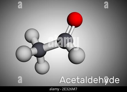 Acetaldeide, etanica, molecola CH3CHO. È chetone, è usato nella produzione di acido acetico, profumi, coloranti, farmaci, come agente aromatizzante. Molecula Foto Stock