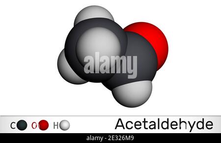 Acetaldeide, etanica, molecola CH3CHO. È chetone, è usato nella produzione di acido acetico, profumi, coloranti, farmaci, come agente aromatizzante. Molecula Foto Stock