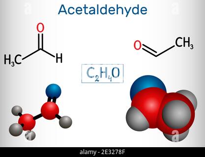 Acetaldeide, etanica, molecola CH3CHO. È chetone, è usato nella produzione di acido acetico, profumi, coloranti, farmaci, come agente aromatizzante Illustrazione Vettoriale