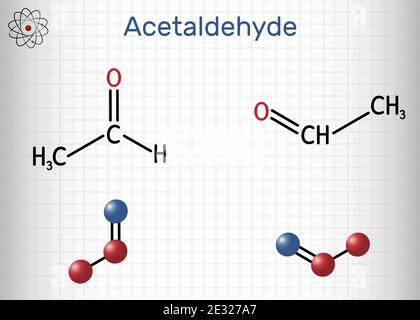 Acetaldeide, etanica, molecola CH3CHO. È chetone, è usato nella produzione di acido acetico, profumi, coloranti, farmaci, come agente aromatizzante. Foglio di Illustrazione Vettoriale