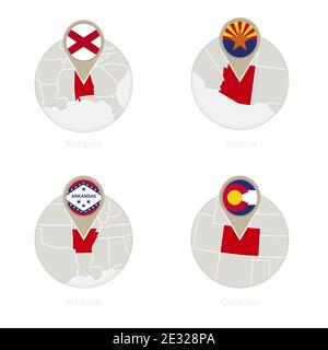 STATI UNITI Alabama, Arizona, Arkansas, Colorado mappa e bandiera in cerchio. Illustrazione vettoriale. Illustrazione Vettoriale