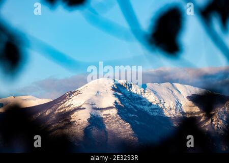 (Messa a fuoco selettiva) vista mozzafiato di una catena montuosa innevata in lontananza e foglie sfocate in primo piano. Foto Stock