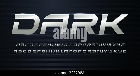 Sport Alphabet con texture metallizzata su sfondo scuro. Alfabeto corsivo in acciaio cromato per logo e titoli dinamici. Lettere tagliate moderne con Illustrazione Vettoriale