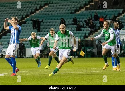 Premiership scozzesi - Hibernian / Kilmarnock. Easter Road Stadium, Edimburgo, Midlothian, Regno Unito. 16 gennaio 2021. Gli Hibs ospitano Kilmarnock nella Premier League scozzese a Easter Road, Edimburgo. PIC mostra: HibsÕ centrocampista cipriota, Alexander Gogic, celebra il punteggio di casa sideÕs e decisivo obiettivo. Credit: Ian Jacobs/Alamy Live News Foto Stock