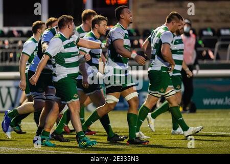 Castle Bar, West Ealing, Regno Unito. 16 gennaio 2021. Festeggiamenti come Alun WALKER (2) di Ealing Trailfinders segna il suo secondo tentativo durante la partita di Trailfinders Challenge Cup tra Ealing Trailfinders e Saracens a Castle Bar, West Ealing, Inghilterra, il 16 gennaio 2021. Photo by David Horn/prime Media Images Credit: Prime Media Images/Alamy Live News Foto Stock