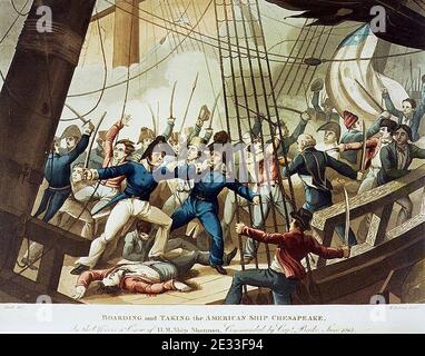 M Dubourg, imbarco e prendere la nave americana Chesapeake, dagli ufficiali e dall'equipaggio di H.M. Ship Shannon, comandato da Capt. Broke, giugno 1813 (c. 1813). Foto Stock