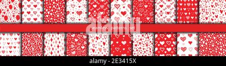 Serie di pattern vettoriali senza giunture Hearts. Collezione di background per il giorno di San Valentino. Design piatto texture caotica senza fine realizzata con sottili silhouette cardiache. Vettore Illustrazione Vettoriale