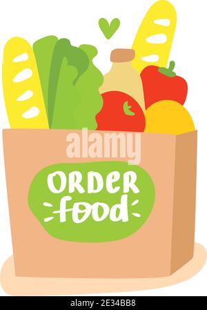 Consegna di cibo online. Prodotti e acquisti, clienti e ricevete. Illustrazione vettoriale con testo - ordinare cibo Illustrazione Vettoriale