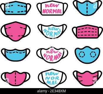 Medical mask simple icons set. With handwritten text - new normal. Vector illustration isolated on white. Illustrazione Vettoriale