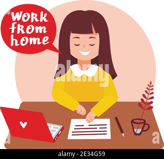 Ragazza carina con il computer portatile funziona da casa. Concetto vettoriale per ambienti di lavoro, freelance, business, lavoro a casa. Personaggio operaio femminile isolato su una ba bianca Illustrazione Vettoriale