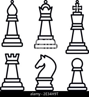 Pezzi di scacchi. Re Queen Rook Pawn Cavaliere e Vescovo. Icone dell'illustrazione vettoriale impostate in stile contorno. Illustrazione Vettoriale