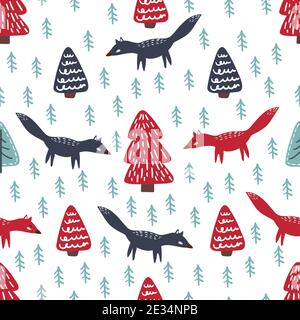 Carino vettore modello senza giunture con volpi, alberi di Natale, foresta in stile scandinavo. Illustrazione Vettoriale