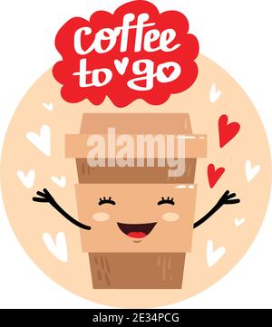 Simpatica illustrazione vettoriale di una tazza di caffè con cuore e mani. Felice carattere kawaii con volto sorridente, cuori e testo - caffè da andare. Carta, posta Illustrazione Vettoriale
