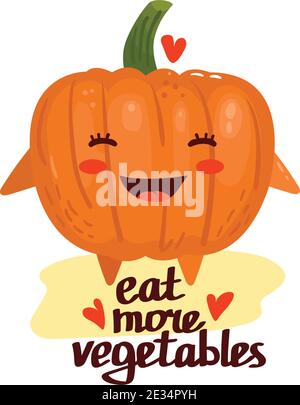 Carino kawaii cartoon zucca. Vettore isolato illustrazione di zucca con testo mangiare più verdure. Illustrazione Vettoriale