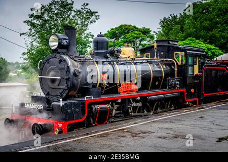 Un treno a vapore è trainato da una locomotiva di classe C17 completamente restaurata dai primi anni '20 lungo la linea ferroviaria Mary Valley Rattler. Foto Stock