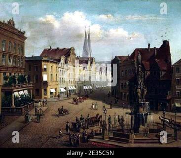 Lubeck-blick-Einen-belebten-platz-in-der-altstadt-auf-die-tuerme-von-st-marien. Foto Stock