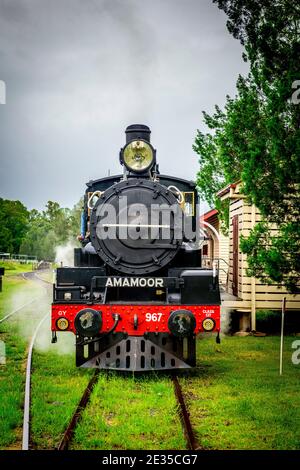 Un treno a vapore è trainato da una locomotiva di classe C17 completamente restaurata dai primi anni '20 lungo la linea ferroviaria Mary Valley Rattler. Foto Stock