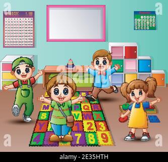 Illustrazione vettoriale del bambino felice che gioca nell'aula dell'asilo Illustrazione Vettoriale