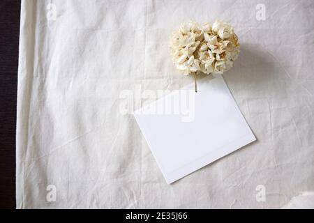 Carta bianca e fiore bianco su tessuto bianco, sfondo decorativo Foto Stock