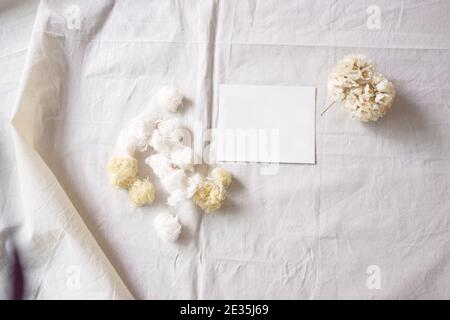 Carta bianca e fiore bianco su tessuto bianco, sfondo decorativo Foto Stock