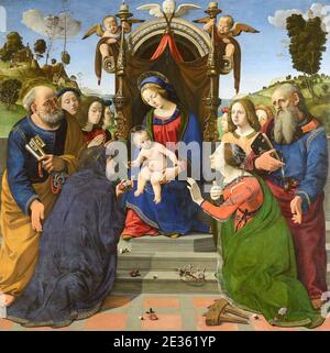 Madonna col Bambino in trono con i Santi Piero di Cosimo. Foto Stock