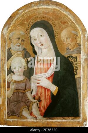 Madonna col Bambino con San Girolamo e San Bernardino di Siena. Foto Stock