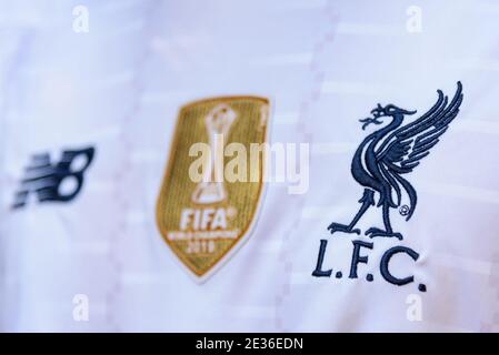 Bangkok, Thailandia - 19 Decemmber, 2020: UEFA Champions League Winners Badge su kit camicia bianca Foto Stock