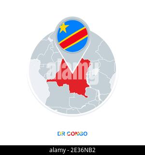 Mappa e bandiera della Repubblica Democratica del Congo, icona della mappa vettoriale con il DR Congo evidenziato Illustrazione Vettoriale