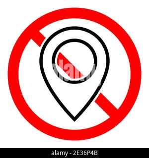 Nessuna icona GPS. Icona di ban del puntatore della mappa. Il premio è vietato. Stop o BAN rosso con icona a forma di pin GPS. Illustrazione vettoriale. Illustrazione Vettoriale