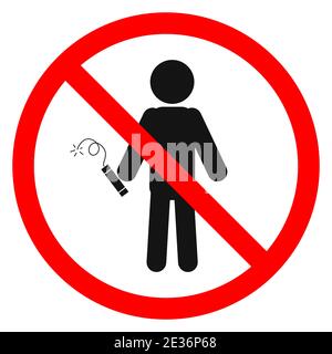 La dinamite è vietata. Dinamite in mano di un uomo. Stop o ban rosso segno rotondo con l'icona dinamite. Illustrazione vettoriale. Divieto di esplosione Illustrazione Vettoriale