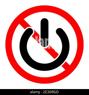 Nessun pulsante di accensione. Icona Power BAN. È vietato attivare o disattivare. Stop o BAN rosso con l'icona di accensione. Illustrazione vettoriale. Illustrazione Vettoriale