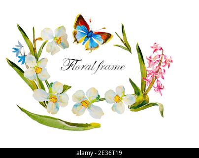 Cornice ovale Watecolor con narcisi bianchi, giacinto rosa e primi fiori blu primavera e farfalla blu bordo diagonale originale su sfondo bianco Foto Stock