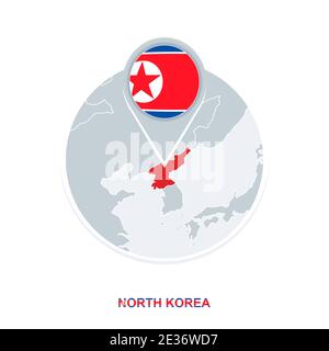 Mappa e bandiera della Corea del Nord, icona della mappa vettoriale con la Corea del Nord evidenziata Illustrazione Vettoriale