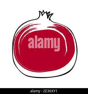Illustrazione della frutta di melograno in linea d'arte e colore rosso isolato su bianco Illustrazione Vettoriale