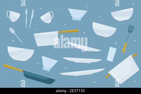 Pentole lavate in modo pulito. Piatti in porcellana bianca con pentole e padelle bicchieri in ceramica lucida. Illustrazione Vettoriale