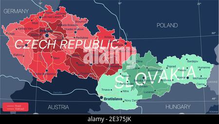 Paesi della Repubblica Ceca e della Slovacchia Mappa dettagliata modificabile con regioni città e città, strade e ferrovie, siti geografici. File vettoriale EPS-10 Illustrazione Vettoriale