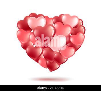 Fascio, bouquet a forma di cuore di palloncini rosa e rosso-cuori. Biglietto d'auguri per San Valentino e per la Giornata Internazionale della Donna. re 3d Illustrazione Vettoriale