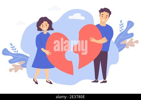 Coppia mette insieme un puzzle di metà del cuore. Un uomo e una donna si riuniscono unendo due pezzi in un grande cuore rosso. Illustrazione vettoriale. Il Illustrazione Vettoriale