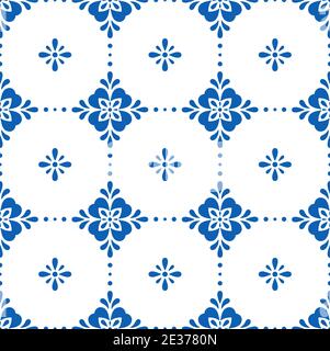 Piastrelle in ceramica bianca e blu con motivo senza cuciture. Semplice ornamento floreale geometrico. Illustrazione vettoriale. Illustrazione Vettoriale