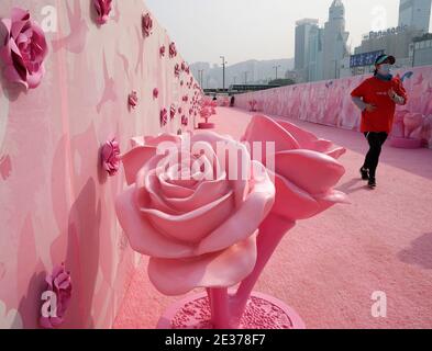 Hong Kong, Cina. 17 gennaio 2021. Una donna che indossa una maschera di faccia scherza su una strada a Hong Kong, Cina meridionale, 17 gennaio 2021. Il Centro per la protezione della salute (CHP) di Hong Kong ha segnalato 55 ulteriori casi confermati di COVID-19 la domenica, portando il suo totale a 9,557. I nuovi casi includevano 51 infezioni locali, di cui 16 di origine sconosciuta, secondo un comunicato stampa del CHP. Ci sono stati anche più di 80 casi testati preliminarmente positivi. Credit: Li Gang/Xinhua/Alamy Live News Foto Stock