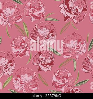 Vettore motivo senza giunture di fiori di pony in fiore su uno sfondo rosa. Silhouette motivo fiori per tessuti o carta da parati. Illustrazione Vettoriale