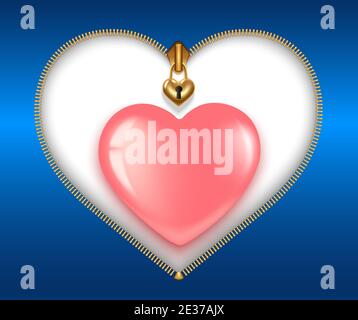 Banner - carta di San Valentino il 14 febbraio. Cerniera a forma di cuore con serratura e toppa, colore oro, con cuore rosa. Isolato, su bianco ba Illustrazione Vettoriale