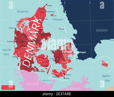 Danimarca Paese Mappa dettagliata modificabile con regioni città e città, strade e ferrovie, siti geografici. File vettoriale EPS-10 Illustrazione Vettoriale