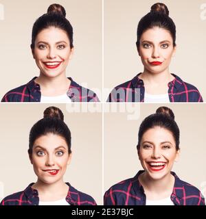 Collage di quattro diverse espressioni facciali di bella giovane donna in stile casual con labbra rosse e capelli bun. Emozioni e sentimenti concetto. Indoo Foto Stock