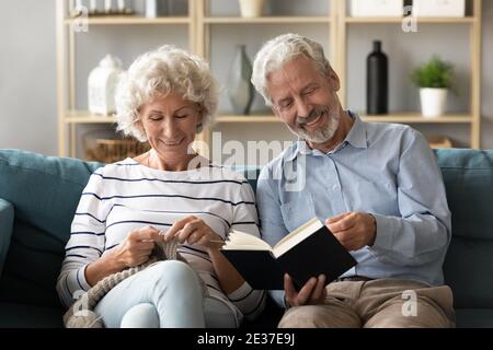 Felici i coniugi anziani in pensione coinvolti nelle attività hobby domestiche. Foto Stock