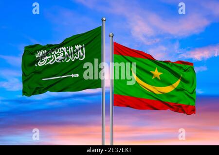 Bandiera della Mauritania con bandiera dell'Arabia Saudita, rendering 3D Foto Stock